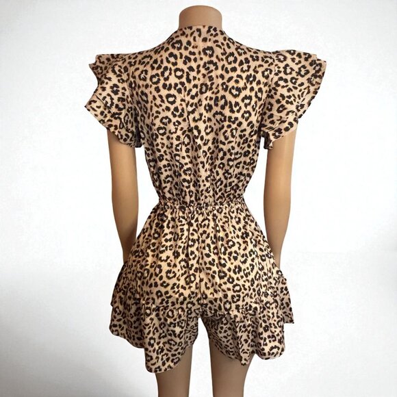 Leopard Women Button Ruffle Romper - Picture 2 of 8